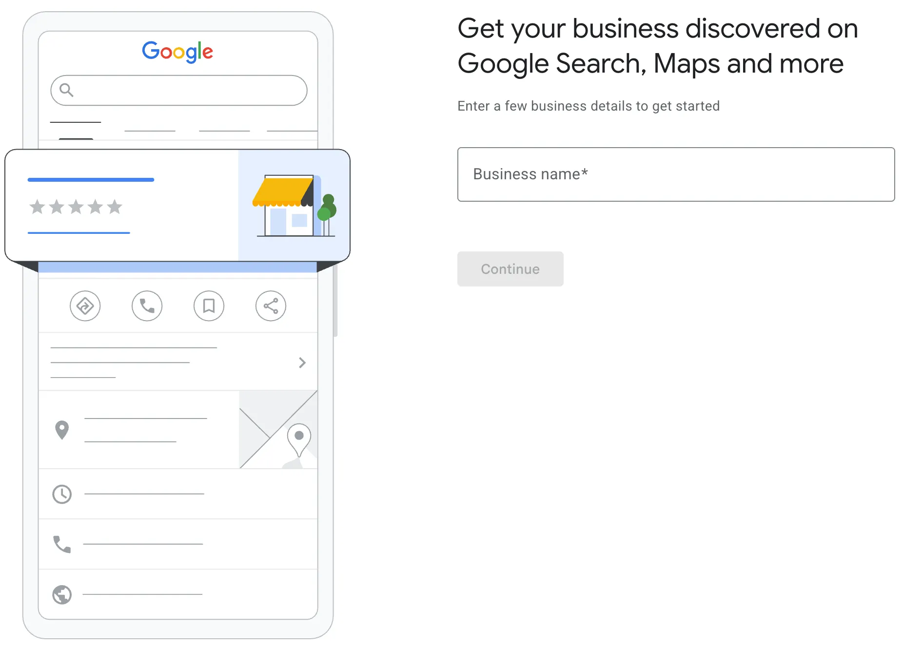 Google Business Profile sign-up screen asking for your business name