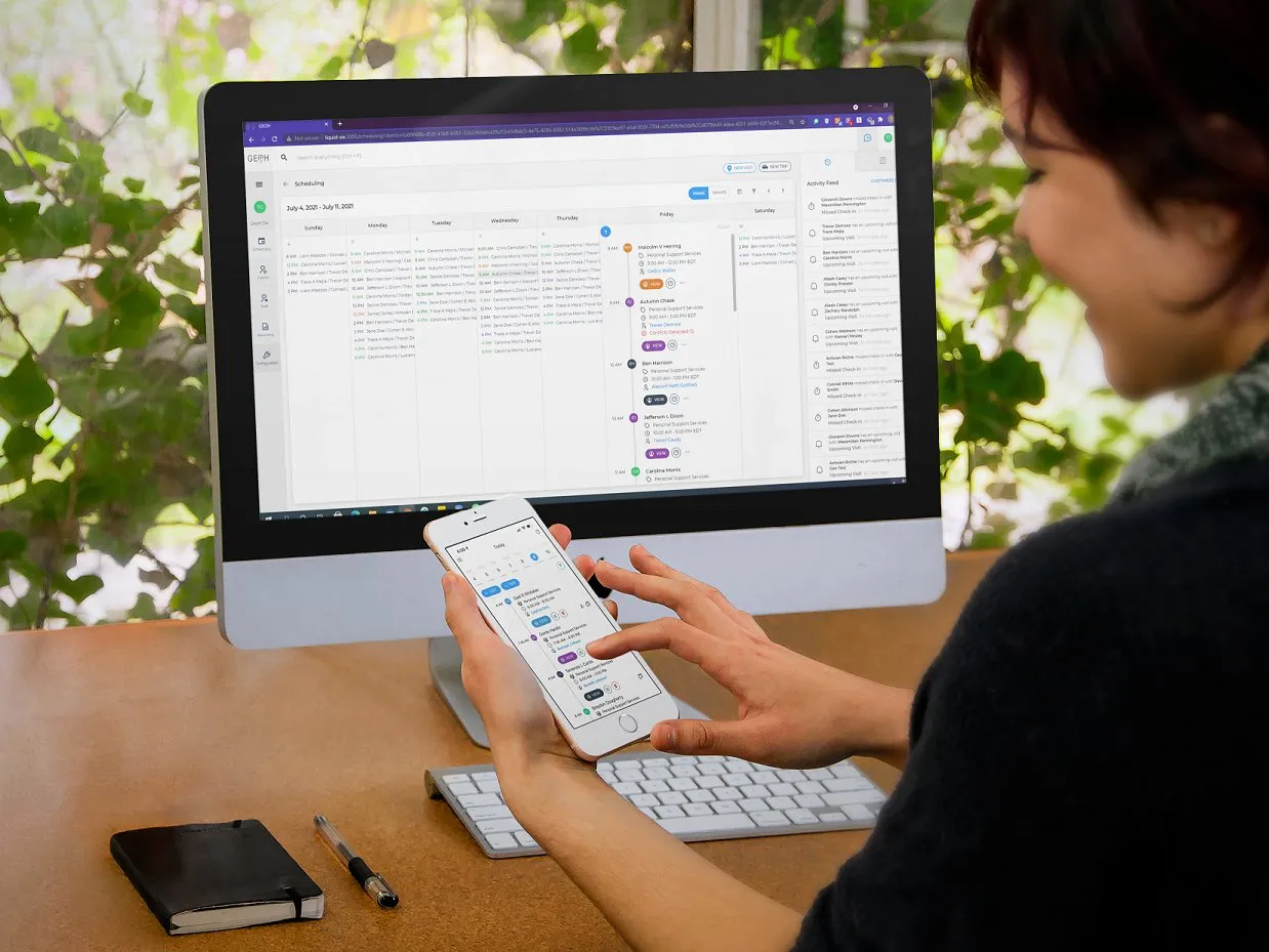 Agency admin using GeoH scheduling dashboard on desktop and mobile